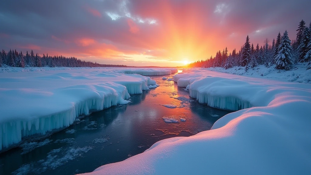 Sonnenuntergang über dem gefrorenen Tornionjoki-Fluss in Lappland mit Eiskristallen und goldener Stunde