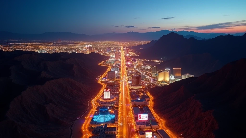Luftaufnahme des Las Vegas Strip bei Nacht, Neonlichter in der Mojave-Wueste, Vereinigte Staaten