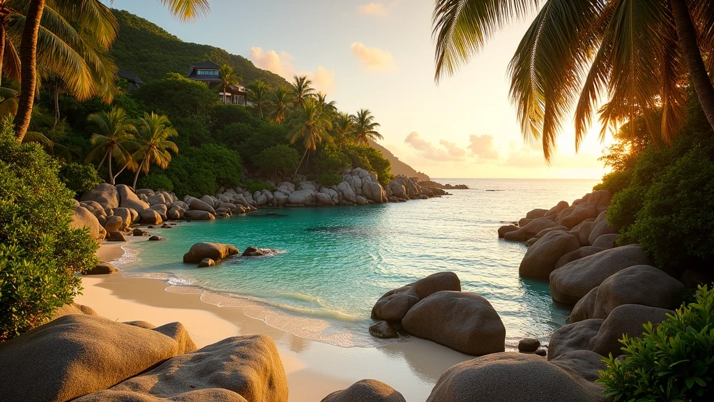 Goldene Stunde an der privaten Bucht des Le Domaine de L'Orangeraie Resort & Spa auf den Seychellen
