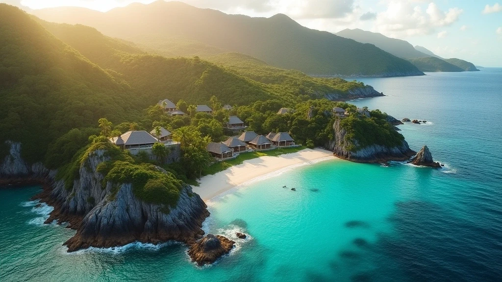Luftaufnahme des exklusiven Le Domaine de L'Orangeraie Resort & Spa auf den Seychellen mit Granitfelsen und tuerkisfarbenem Wasser