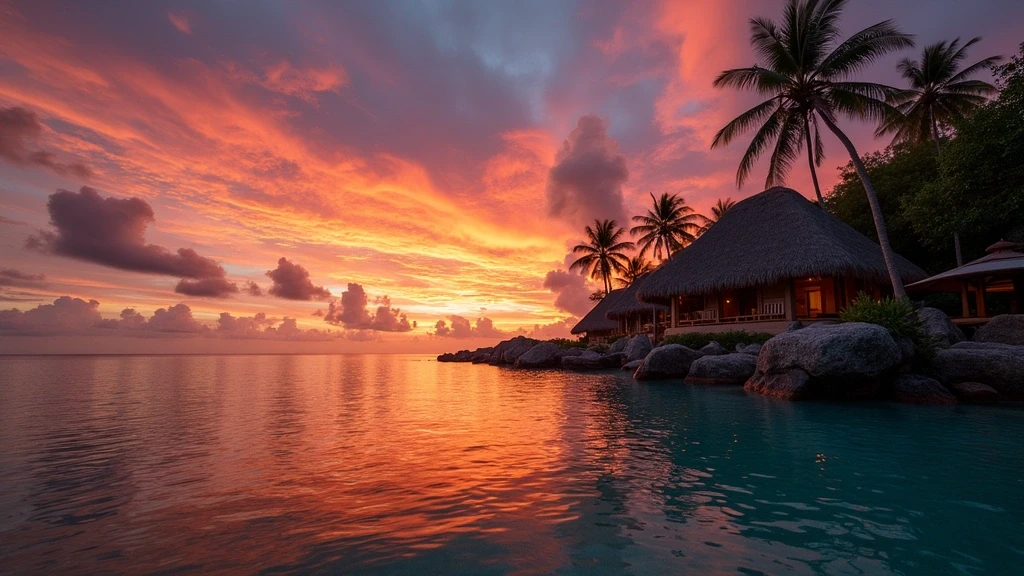 Sonnenuntergang am Le Domaine de L'Orangeraie Resort & Spa auf den Seychellen mit Granitfelsen-Silhouetten