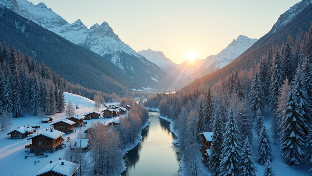 Luftaufnahme von Lech am Arlberg mit verschneiten Alpen und Skipisten zur goldenen Stunde