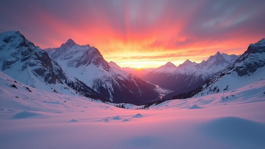 Sonnenuntergang über dem Arlberg-Massiv in Lech am Arlberg mit verschneiten Gipfeln