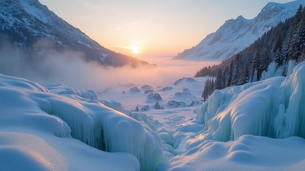 Sonnenaufgang über dem vereisten Flexenpass in Lech Zürs mit Morgennebel