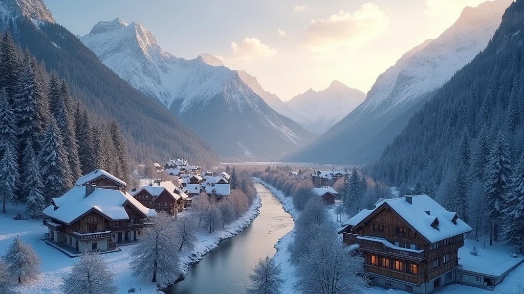 Luftaufnahme der verschneiten Alpenlandschaft in Lech Zürs zur goldenen Stunde