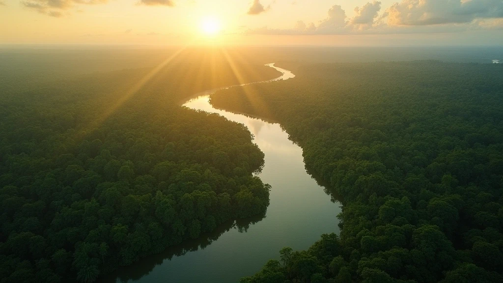 Luftaufnahme des Amazonas-Flusses bei Leticia, Kolumbien zur goldenen Stunde