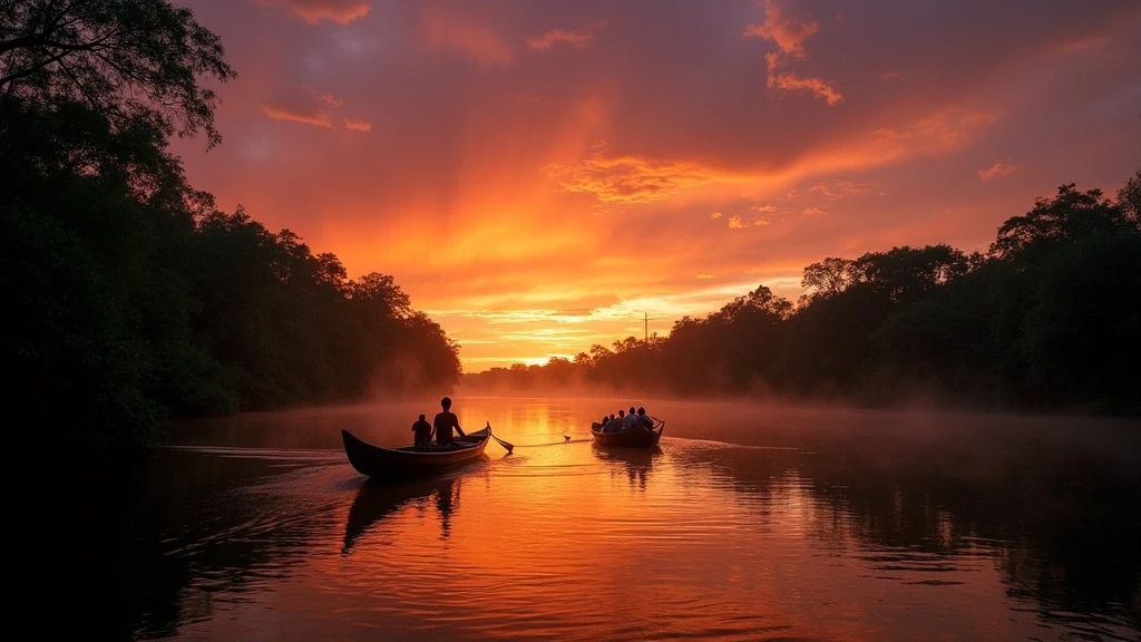 Sonnenuntergang ueber dem Amazonas-Fluss in Leticia, Kolumbien