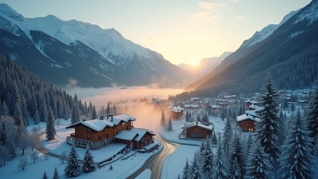 Luftaufnahme von Leukerbad im Schweizer Alpen mit Thermalbecken und goldenem Abendlicht