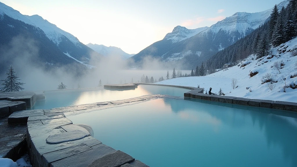 Panoramablick auf Leukerbad mit Thermalbecken im verschneiten Alpental bei Morgenlicht