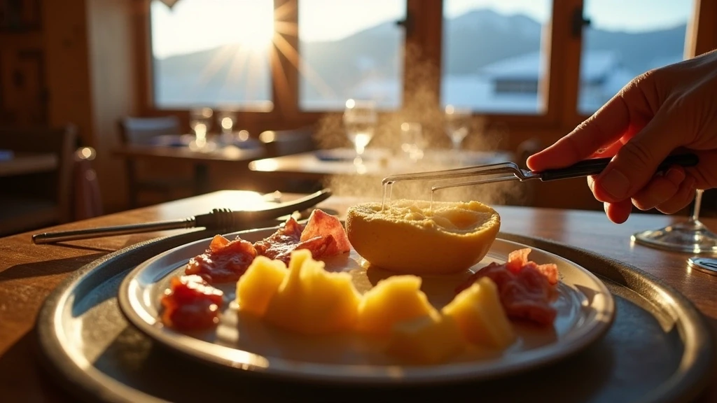 Traditionelles Schweizer Raclette in Leukerbad mit Blick auf die Berglandschaft