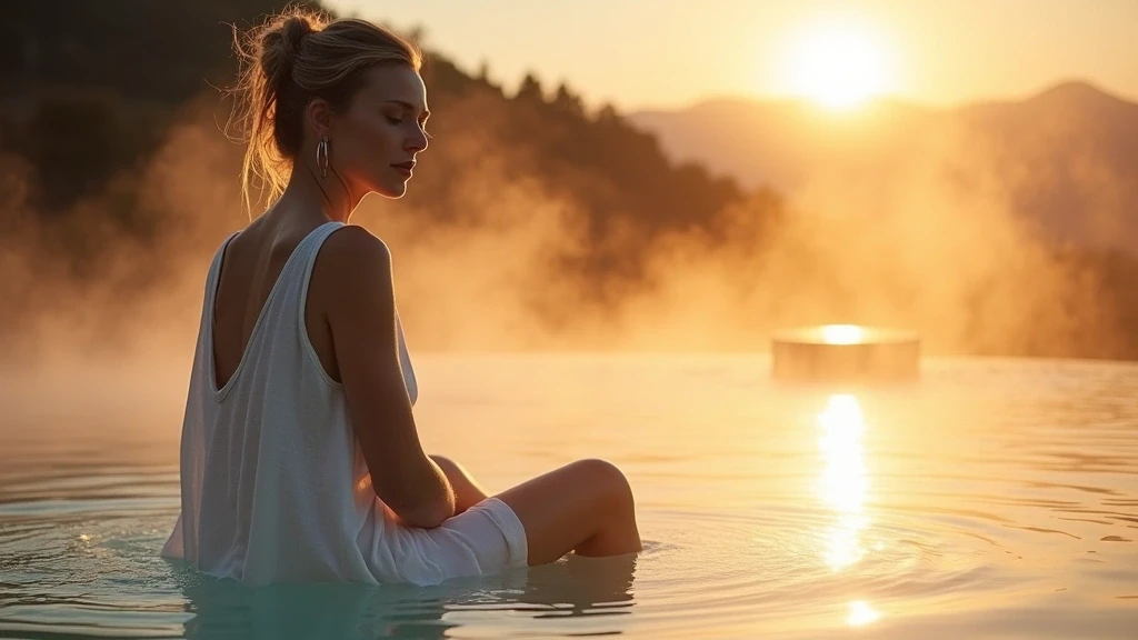 Elegante Frau im Thermalbad von Leukerbad bei Sonnenuntergang mit Blick auf die Alpen