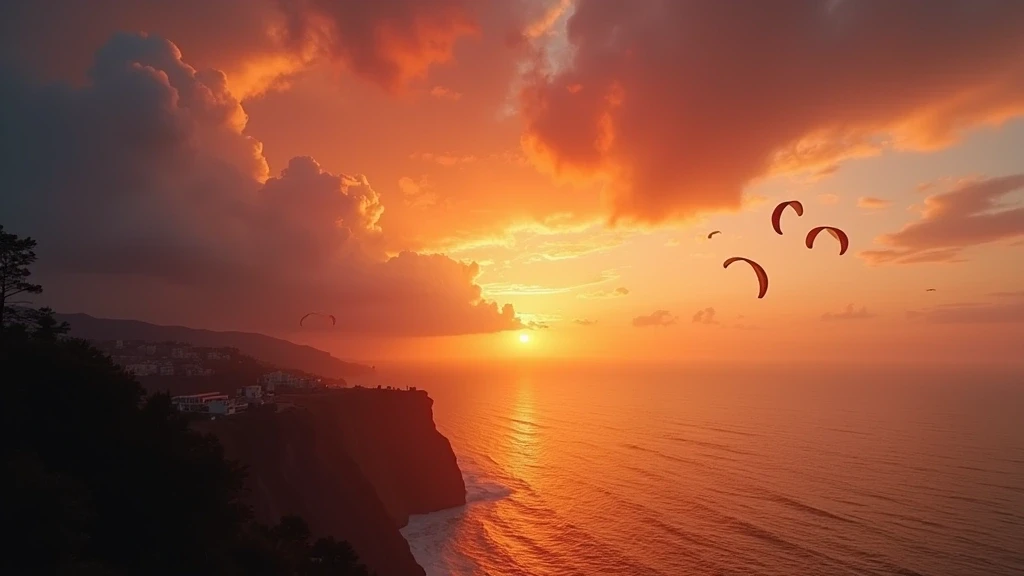 Sonnenuntergang über dem Pazifik von den Miraflores-Klippen in Lima mit Paraglidern