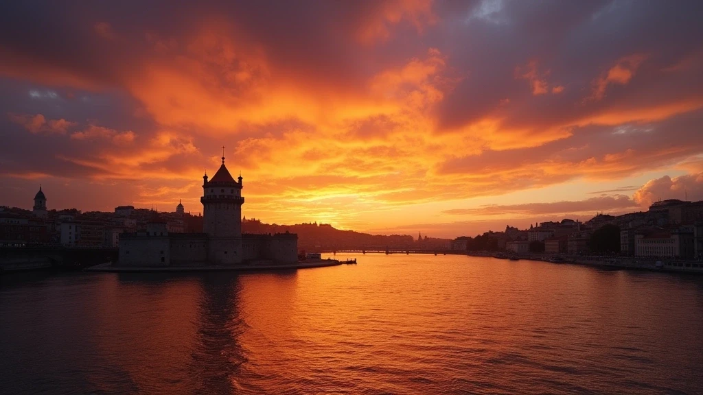 Sonnenuntergang über dem Tejo in Lissabon mit Silhouette des Belém Turms