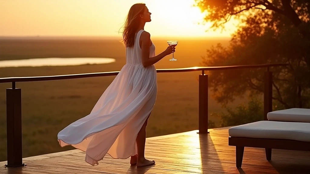 Elegante Frau im weissen Leinenkleid geniesst Sonnenuntergang-Cocktails auf der Terrasse in Little Vumbura, Botswana