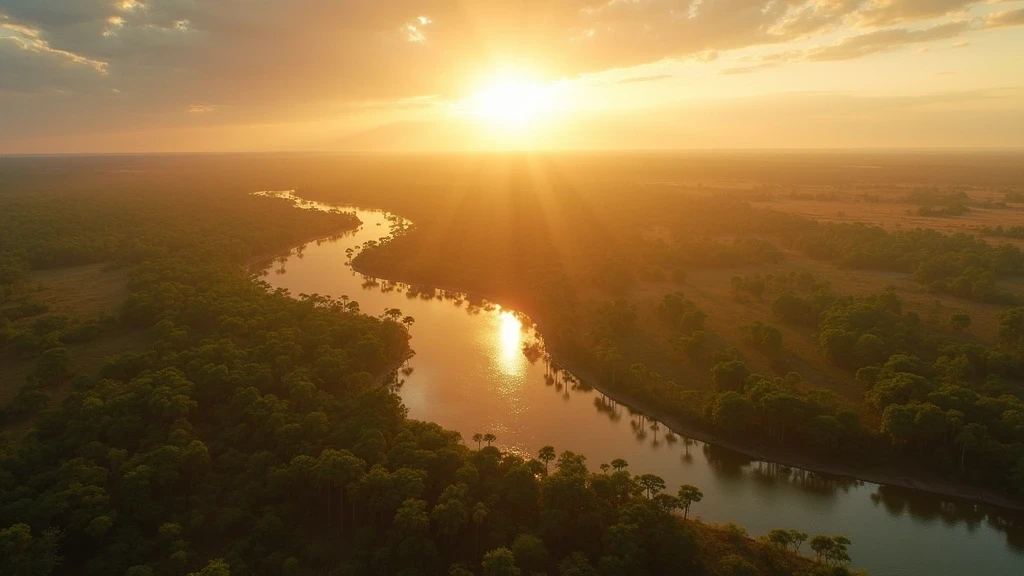 Luftaufnahme des Okavango-Deltas in Little Vumbura, Botswana zur goldenen Stunde mit Wasserwegen und Palmeninseln