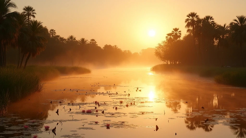 Panoramablick auf die Wasserwege des Deltas in Little Vumbura, Botswana bei Sonnenaufgang mit Morgennebel