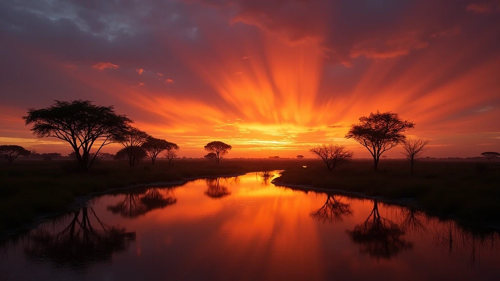 Sonnenuntergang ueber den Ueberschwemmungsebenen des Okavango-Deltas in Little Vumbura, Botswana mit Akazien-Silhouetten