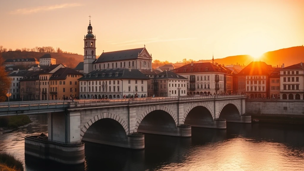 Goldene Stunde an der Dreifachbrücke in Ljubljana mit Flussreflexionen in Slowenien