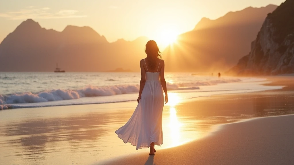 Elegante Frau im weißen Kleid am Haukland Strand auf den Lofoten bei Sonnenuntergang