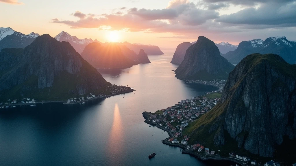 Dramatische Luftaufnahme der Lofoten-Inseln mit Bergen und Fischerdörfern zur goldenen Stunde