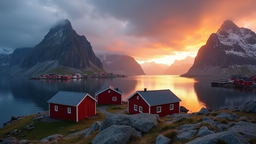 Sonnenuntergang über Reinebringen und Reinefjorden auf den Lofoten mit roten Fischerhütten