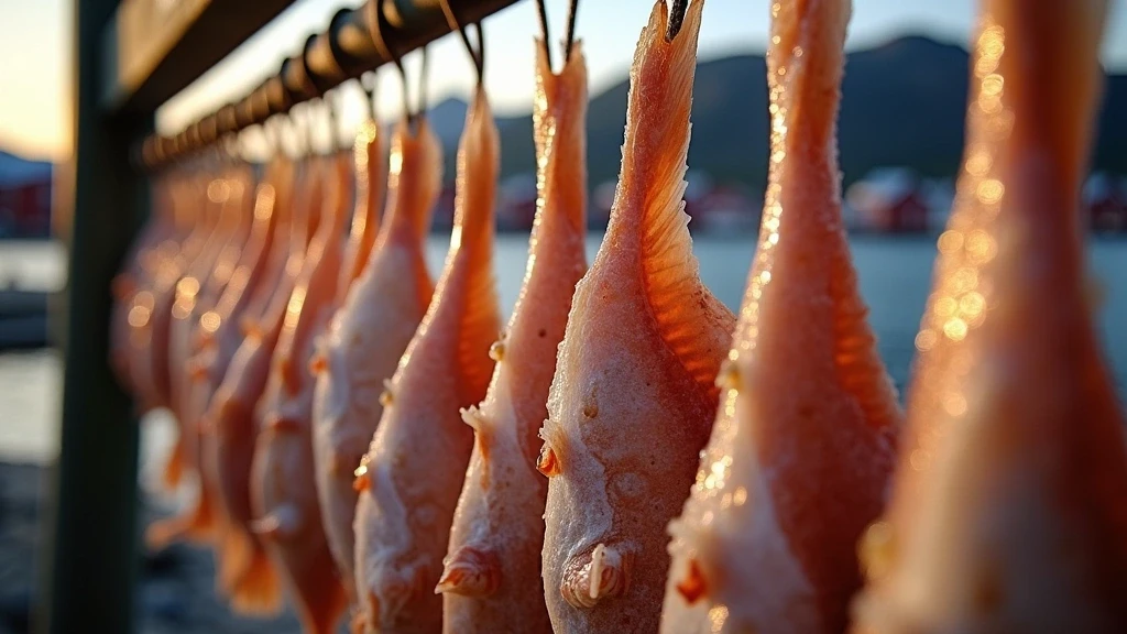 Traditioneller Stockfisch auf Holzgestellen zum Trocknen auf den Lofoten
