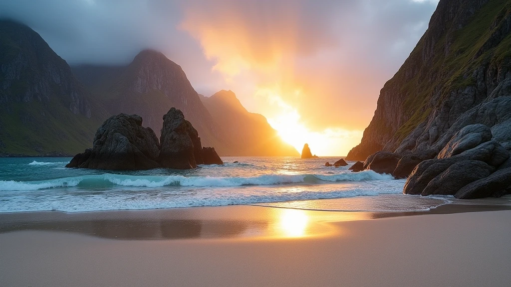 Goldene Stunde am Uttakleiv Strand auf den Lofoten mit Felsformationen und Mitternachtssonne