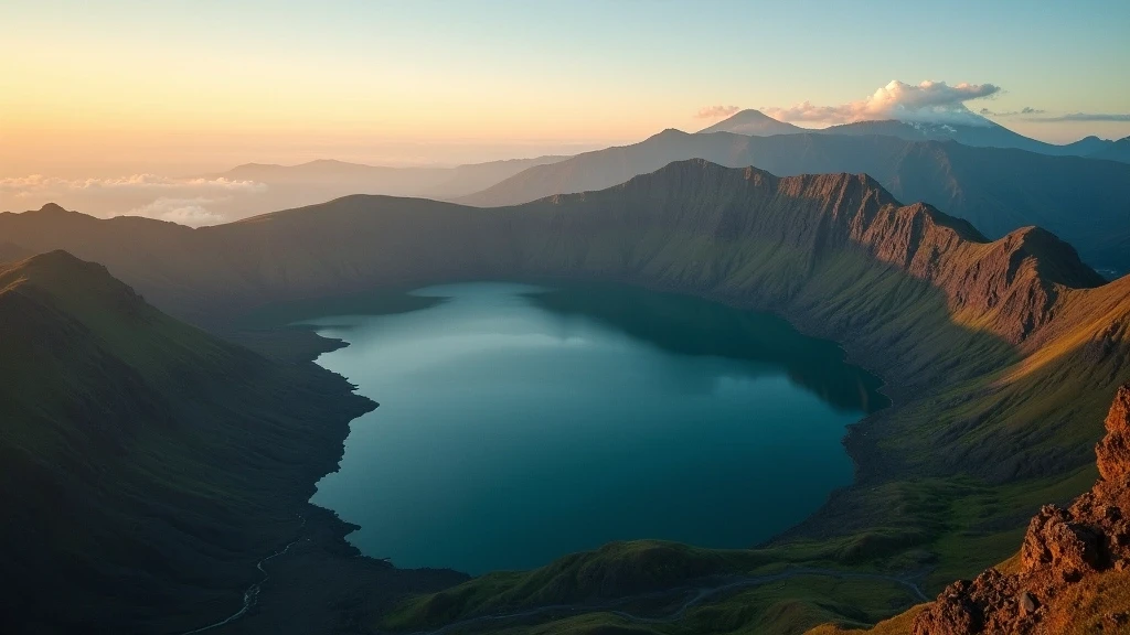 Luftaufnahme des Vulkans Rinjani mit Kratersee Segara Anak in Lombok zur goldenen Stunde