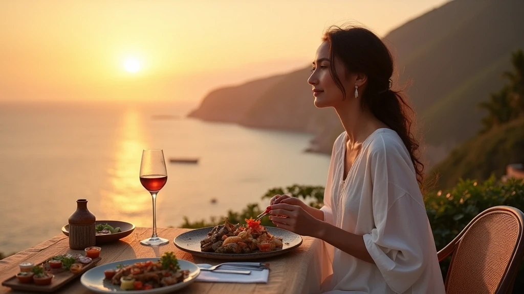Elegante Frau geniesst traditionelle Sasak-Kueche mit Meerblick in Lombok
