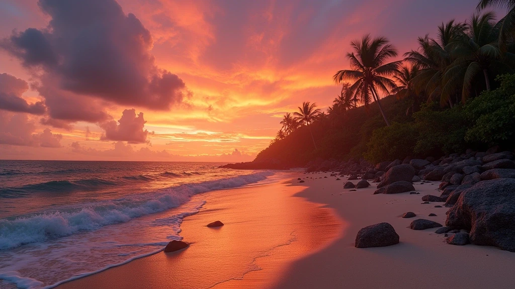 Sonnenuntergang am rosa Sandstrand von Tangsi in Lombok mit dramatischem Himmel