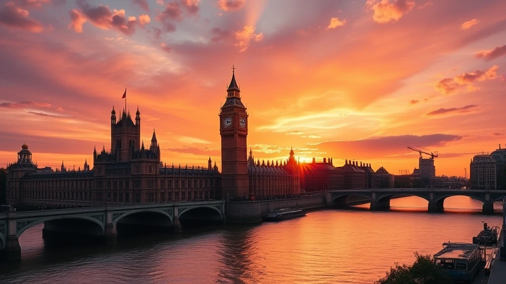 Sonnenuntergang ueber dem Palace of Westminster und Big Ben in London