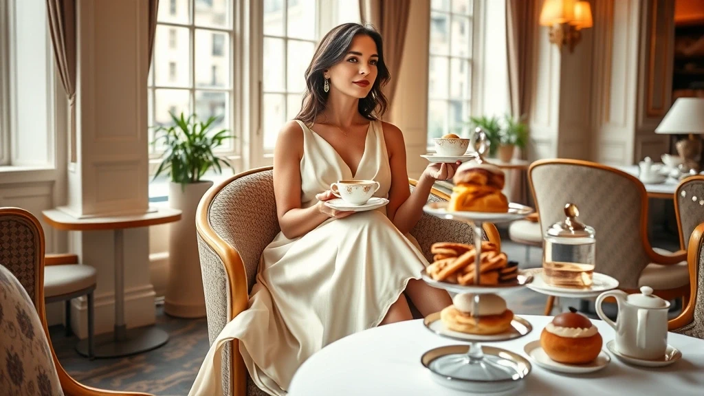 Elegante Frau geniesst Afternoon Tea im Ritz London mit Seidenkleid