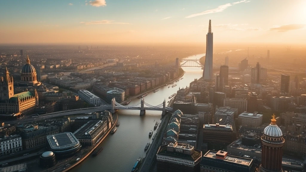 Luftaufnahme der Themse in London zur goldenen Stunde mit Tower Bridge und Skyline