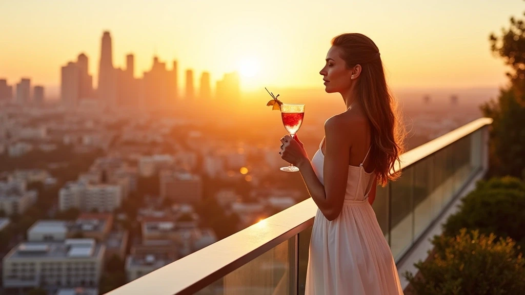 Elegante Frau auf Dachterrasse in Los Angeles bei Sonnenuntergang