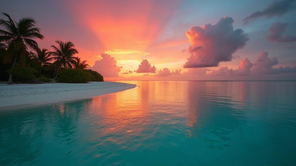 Sonnenuntergang ueber Cayo de Agua in Los Roques, Venezuela mit tuerkisfarbenem Wasser und Sandbank