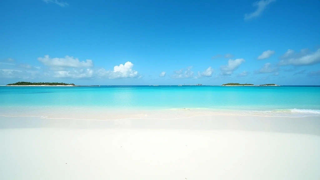 Panoramaansicht von Francisqui Island in Los Roques, Venezuela mit weissem Sandstrand und tuerkisfarbenem Meer