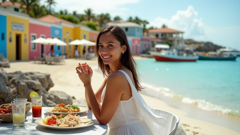 Elegante Frau geniesst Ceviche am Strand von Gran Roque in Los Roques, Venezuela
