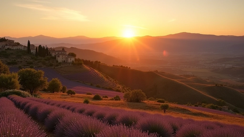 Panorama der Luberon-Berge bei Sonnenuntergang mit Lavendelfeldern in Lourmarin