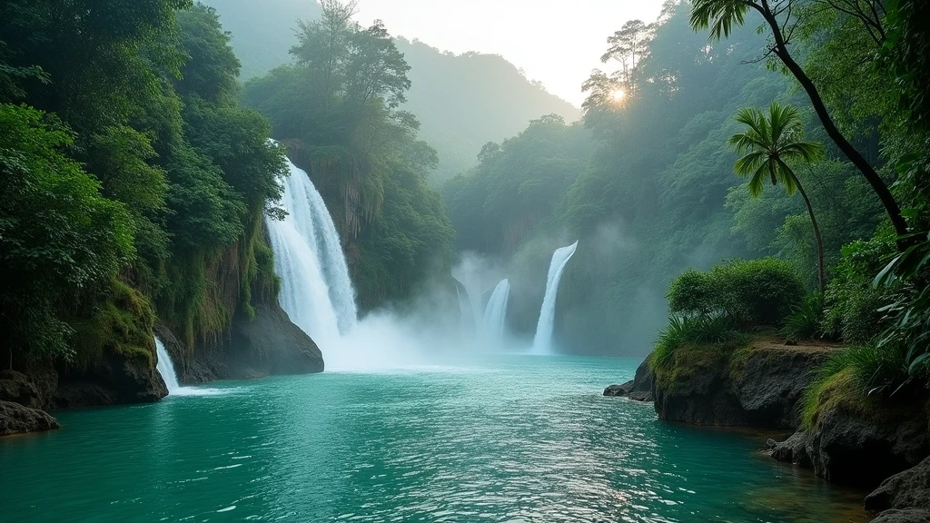 Panorama der Kuang Si Wasserfaelle in Luang Prabang mit tuerkisen Becken