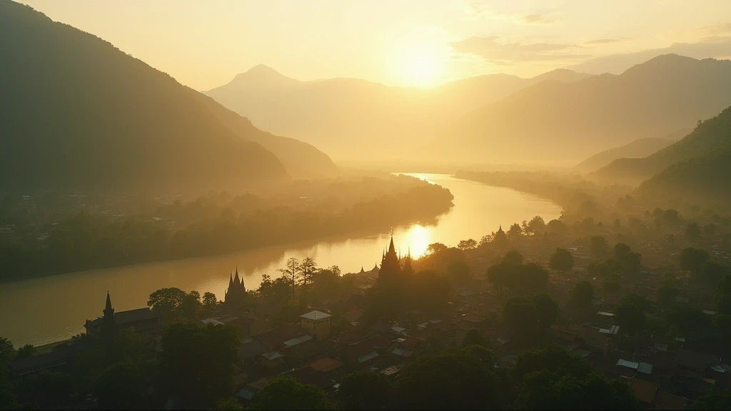 Luftaufnahme von Luang Prabang an der Mündung des Mekong und Nam Khan Flusses zur goldenen Stunde