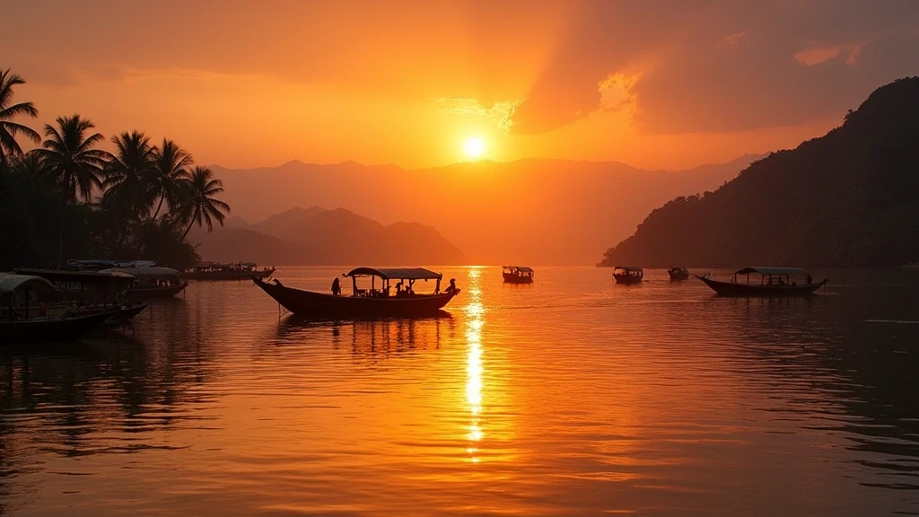 Sonnenuntergang am Mekong Fluss in Luang Prabang mit traditionellen Booten