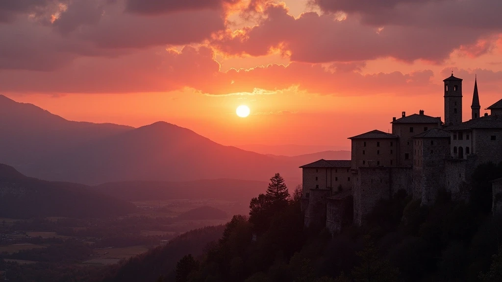 Sonnenuntergang über den Apuanischen Alpen von Luccas Stadtmauern aus gesehen mit leuchtenden Marmorsteinbrüchen