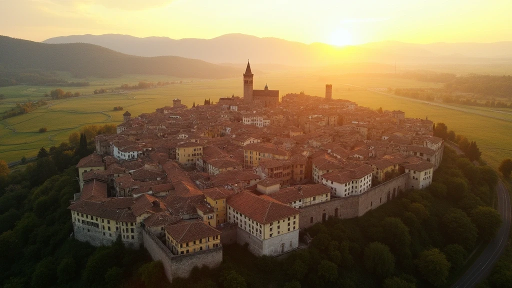 Luftaufnahme der Renaissance-Stadtmauern von Lucca mit Terrakottadächern und Apuanischen Alpen zur goldenen Stunde