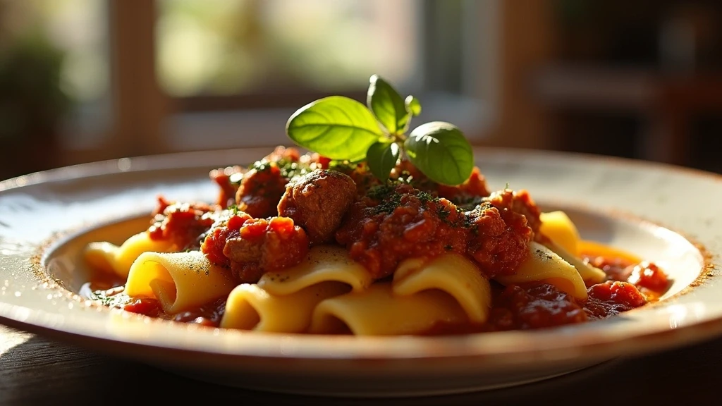 Traditionelle Lucchese-Küche: hausgemachte Tordelli-Pasta mit Ragù auf rustikaler Keramikplatte in Trattoria