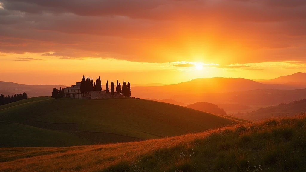 Goldene Stunde über den toskanischen Hügeln um Lucca mit Zypressensilhouetten vor Sonnenuntergangshimmel