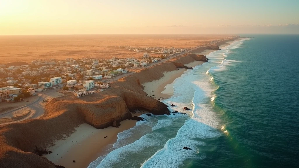 Luftaufnahme von Lüderitz, Namibia: Ozean, Wüste und Kolonialarchitektur zur goldenen Stunde
