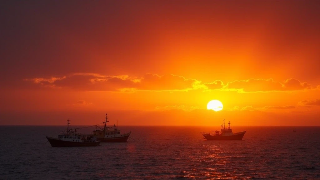 Sonnenuntergang am Atlantik in Lüderitz, Namibia mit Fischerboot-Silhouetten