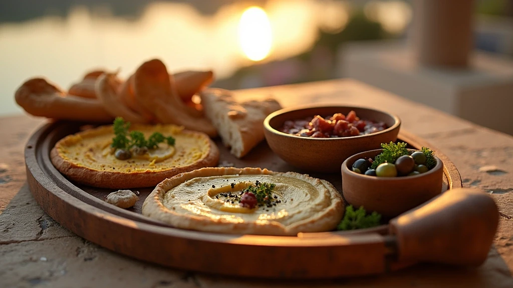 Traditionelle aegyptische Mezze-Platte mit Nil-Blick in Luxor bei goldener Stunde