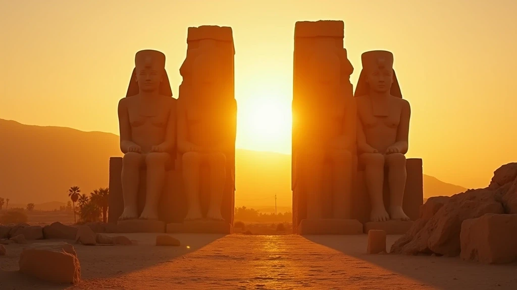 Kolosse von Memnon in Luxor bei goldener Stunde vor Thebanischen Huegeln