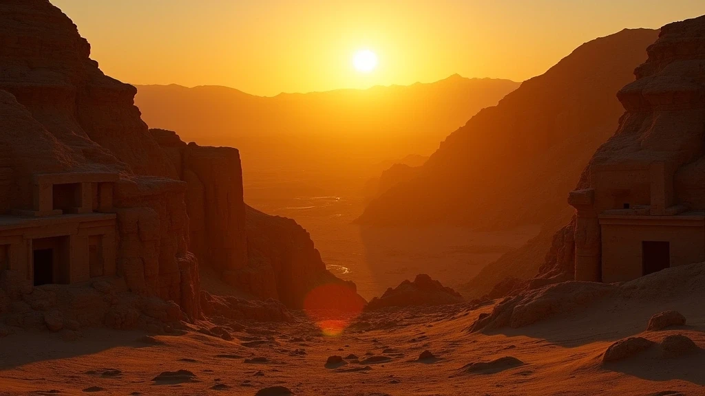 Sonnenuntergang im Tal der Koenige in Luxor mit dramatischem Licht auf antiken Graebern